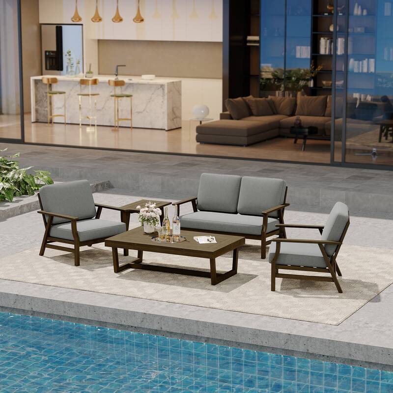 Modern Wood Cushioned Outdoor Patio Sofa Loveseat with Coffee Table
