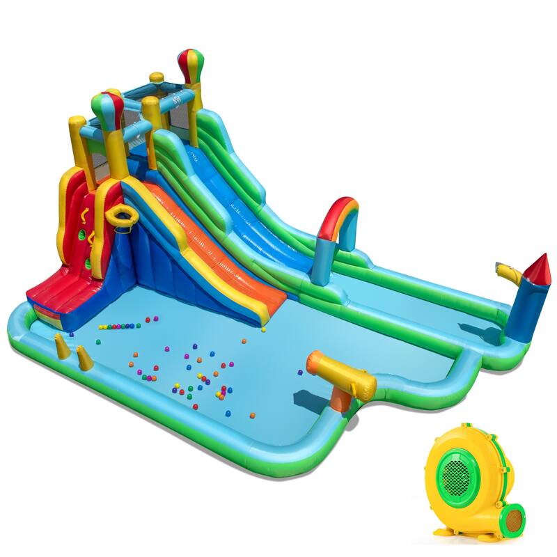 Inflatable Water Slide with Dual Slides, 950W Blower Climbing Wall and Basketball Hoop for Kids - 225" x 145.5" x 105"