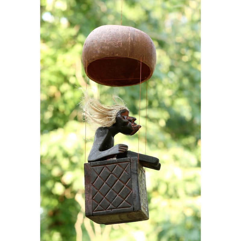 Handmade Wooden Primitive Tribal Funny Statue Riding Hot Air Balloon Sculpture Tiki Bar Handcrafted Unique Gift Decor Accent