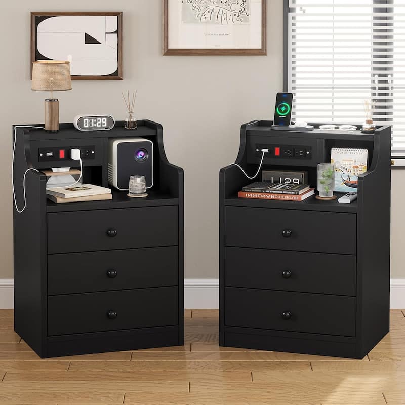 Nightstand with Drawers Charging Station End Side Table with Hutch - Set of 2 BlackNS - 3-drawer