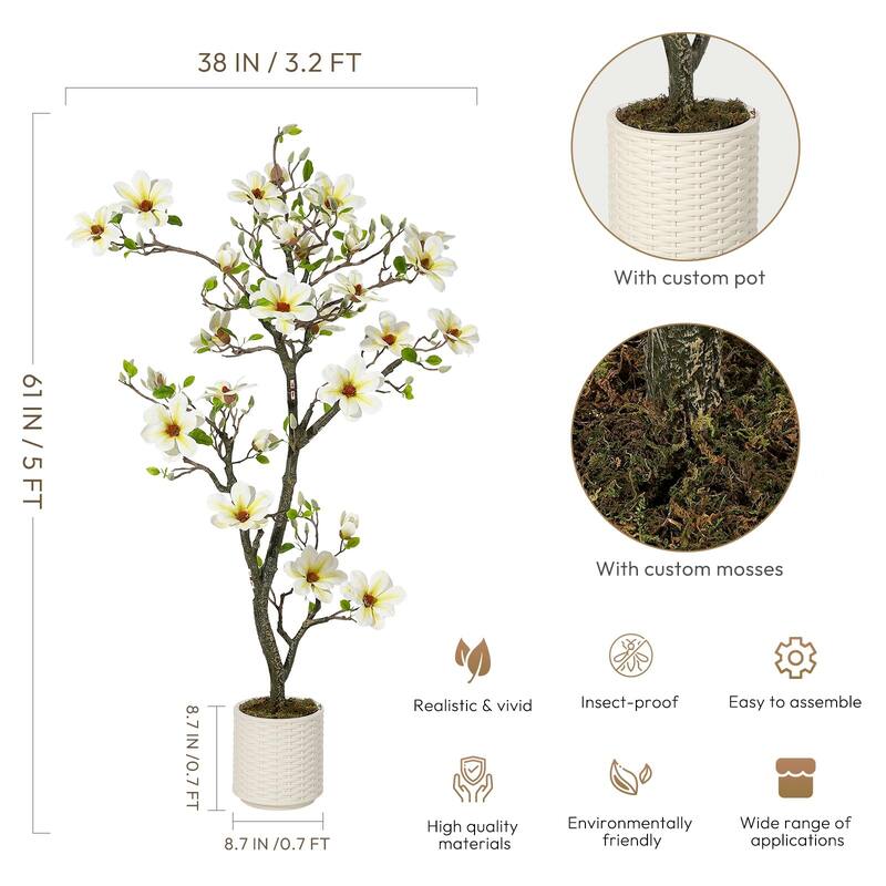 Artificial Magnolia Tree with Realistic White Flowers & Lush Green Leaves