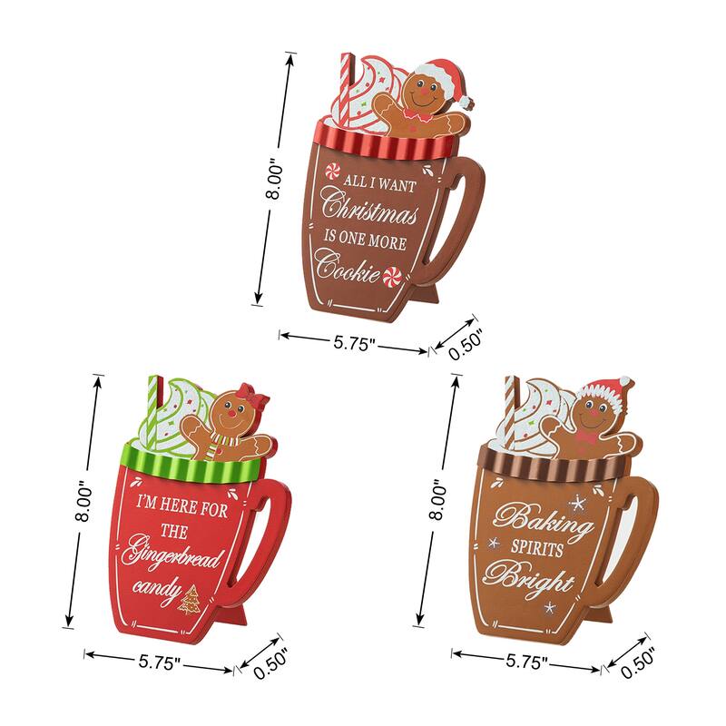 Glitzhome Set of 3 8"H Christmas Wooden Gingerbread Man Mug Table Decor