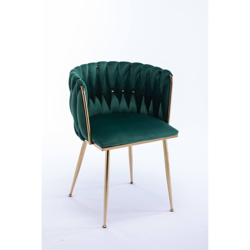 Velvet Fabric Dining Chairs Set of 2, Ergonomic Upholstered Lounge Chair, Accent Chairs with Woven Back & Metal Legs