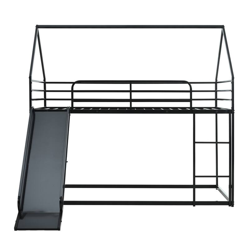 Metal Twin Over Twin House Bunk Bed with Ladder and Slider, Sturdy and Safe Design, Black