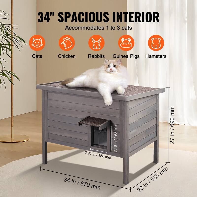 Grey Wooden Cat House with Openable Roof Top and PVC Flap Doors Suitable for Indoor or Outdoor - 34” x 22” x 27”