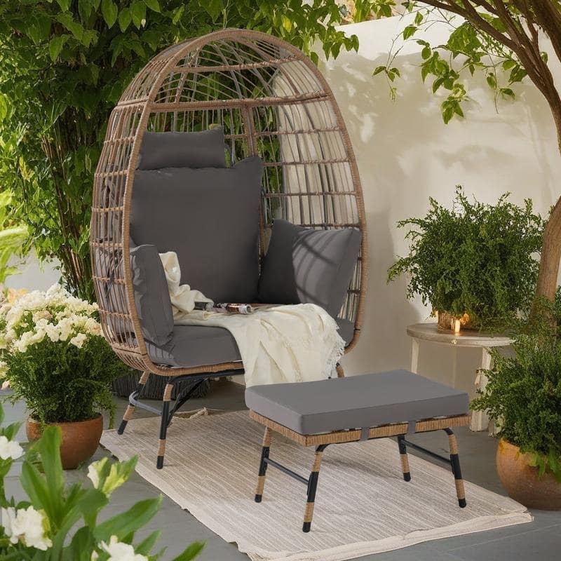 2-Piece Oversized Outdoor Rattan Wicker Egg Chair with Ottoman - Dark Gray