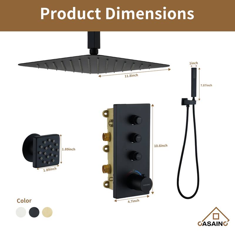 Luxury Thermostatic Shower System 1-Spray Patterns Ceiling Mount Fixed Shower Head and Handheld Spray with 6 Body Jets