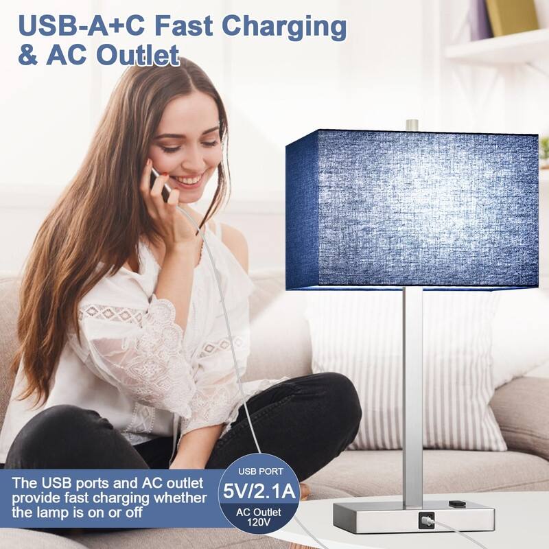 21" Set of 2 Touch Control Table Lamps with 2 USB & AC Outlets - 4.4"D x 7.8"W x 21"H