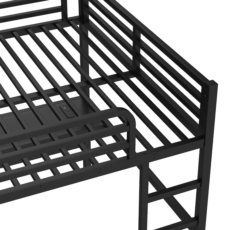 Metal Queen LED Gaming Loft Bed Frame with Desk and Charging Station