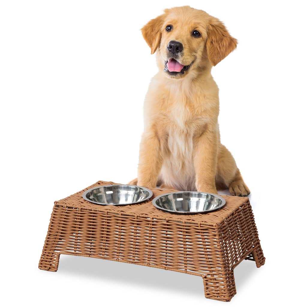Serenity Elevated Pet Feeder 6.9" - Wicker Stand with 18oz Stainless Bowls