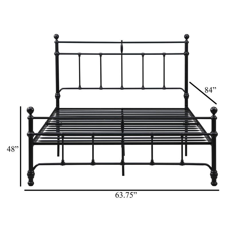 Nevy Queen Size Bed, Classic Intricate Detailed Black Metal Frame