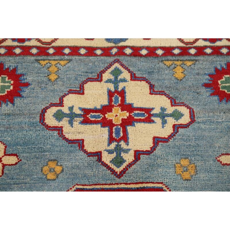 Blue Geometric Kazak Oriental Accent Rug Handmade Wool Carpet - 3'4" x 4'9"