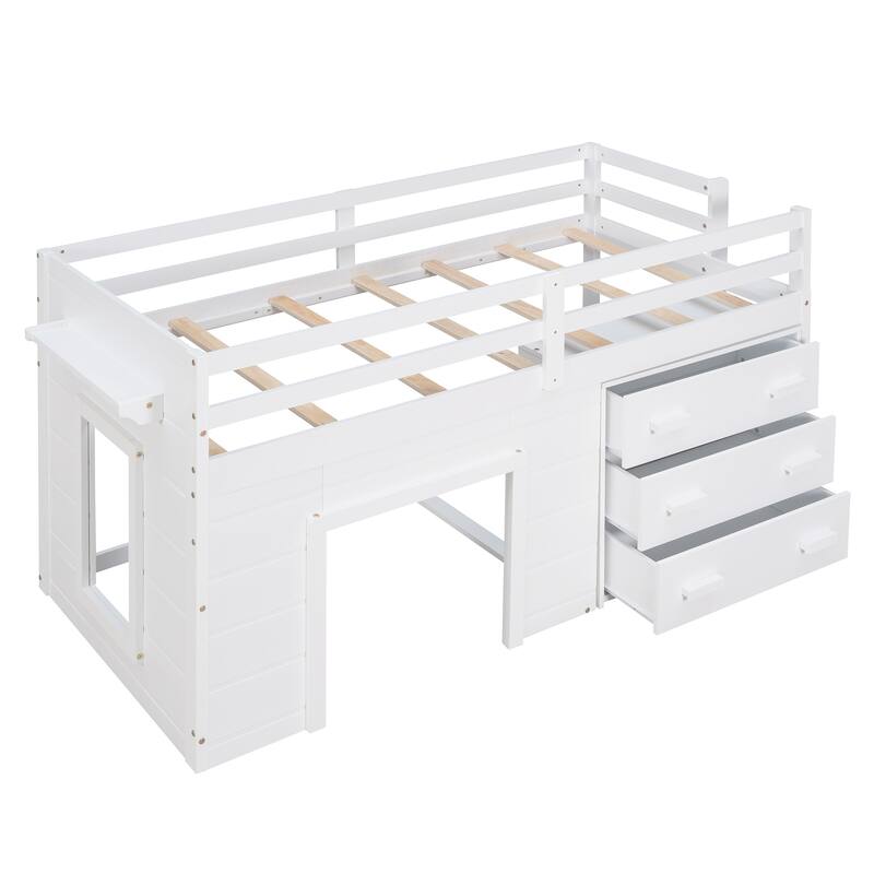 Compact Twin Loft Bed with Cabinet, Shelf, and Storage Drawers in White, Gray, or Espresso