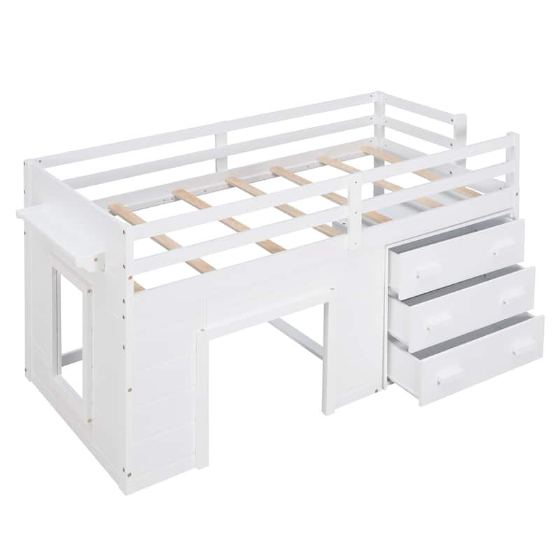 Twin Size Loft Bed with Cabinet and Shelf - White