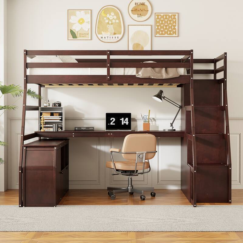 Full Size Loft Bed with 7 Drawers, 2 Shelves & Desk in Espresso/White/Gray