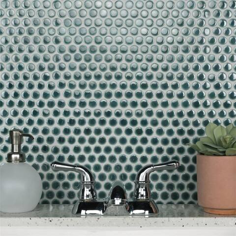 Merola Tile Hudson Penny Round Emerald 12" x 12.63" Porcelain Mosaic Tile