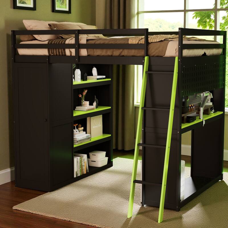 Full Size Loft Bed with Wardrobe, Desk, Shelves, Blackout Curtains & RGB Lights, Workstation with USB Port
