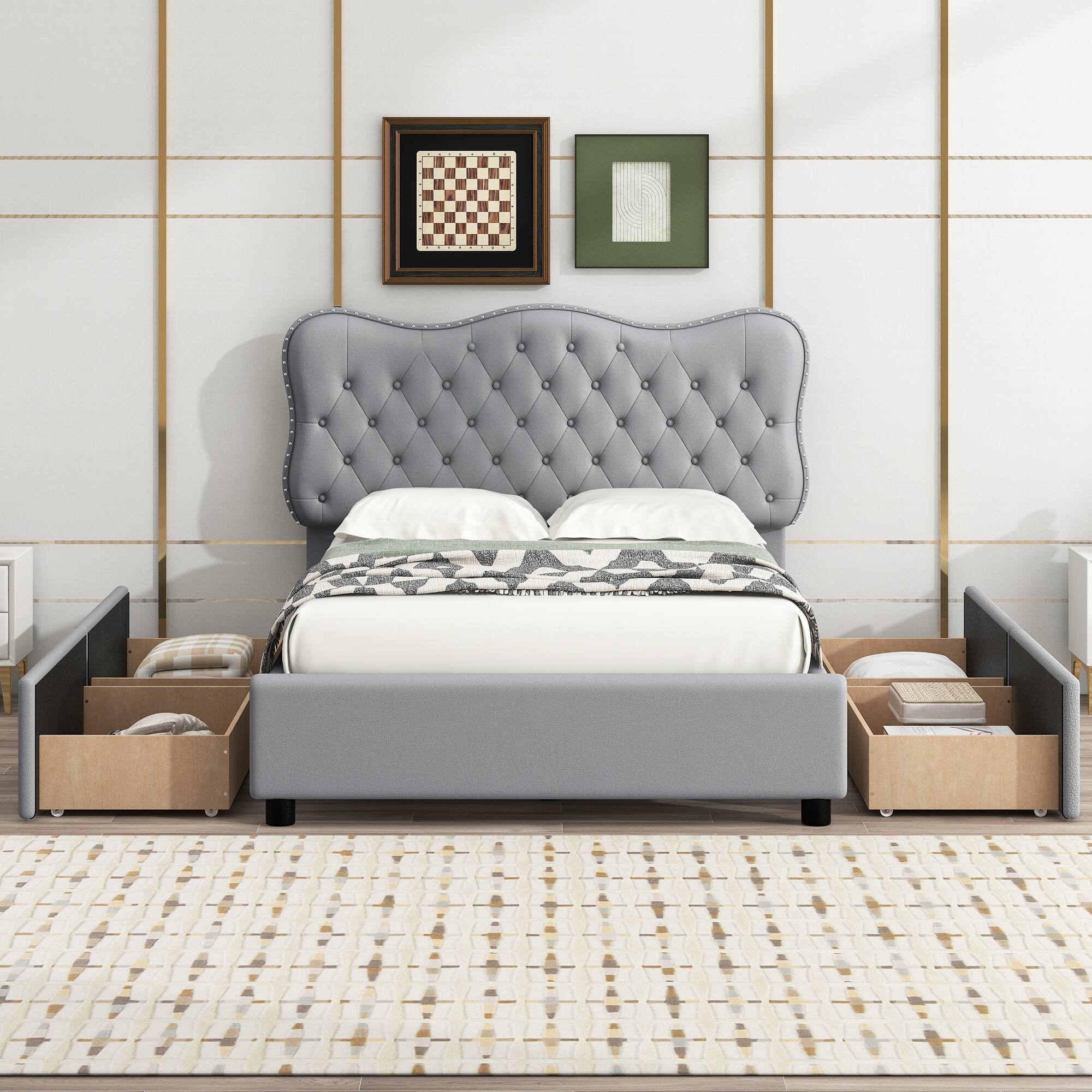Modern Full Size PU Leather Upholstered Platform Bed with 4 Storage Drawers and Headboard Bed