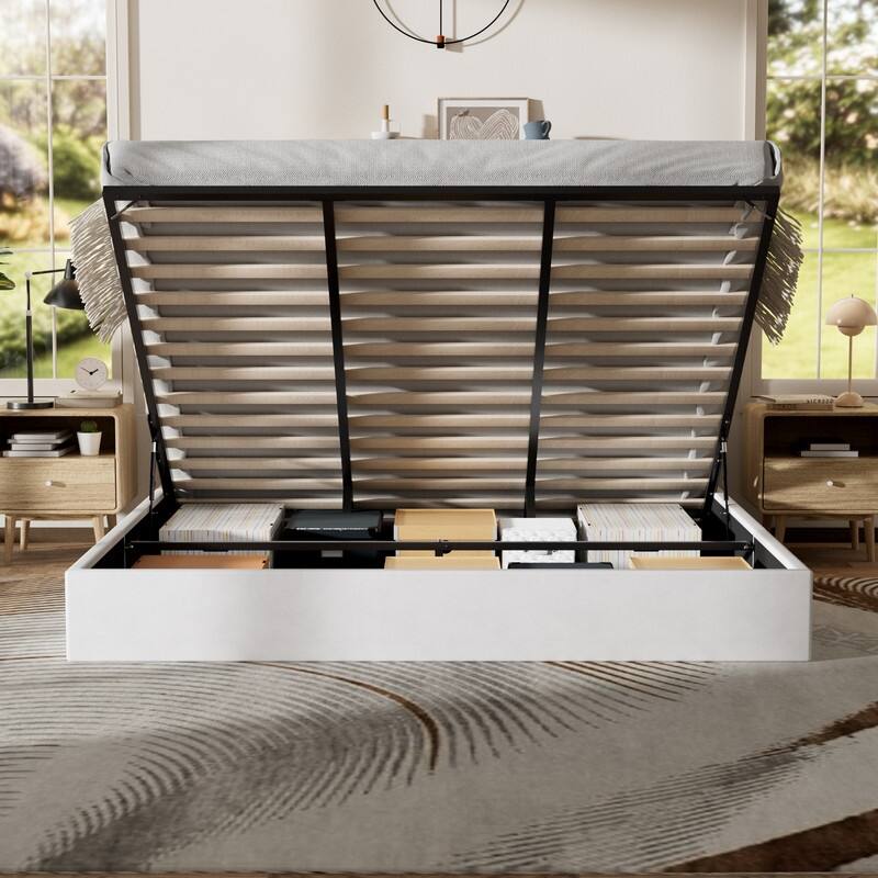 Plywood Frame Upholstered Platform Bed with Lift-up Storage Supported by Metal and Wooden Slats
