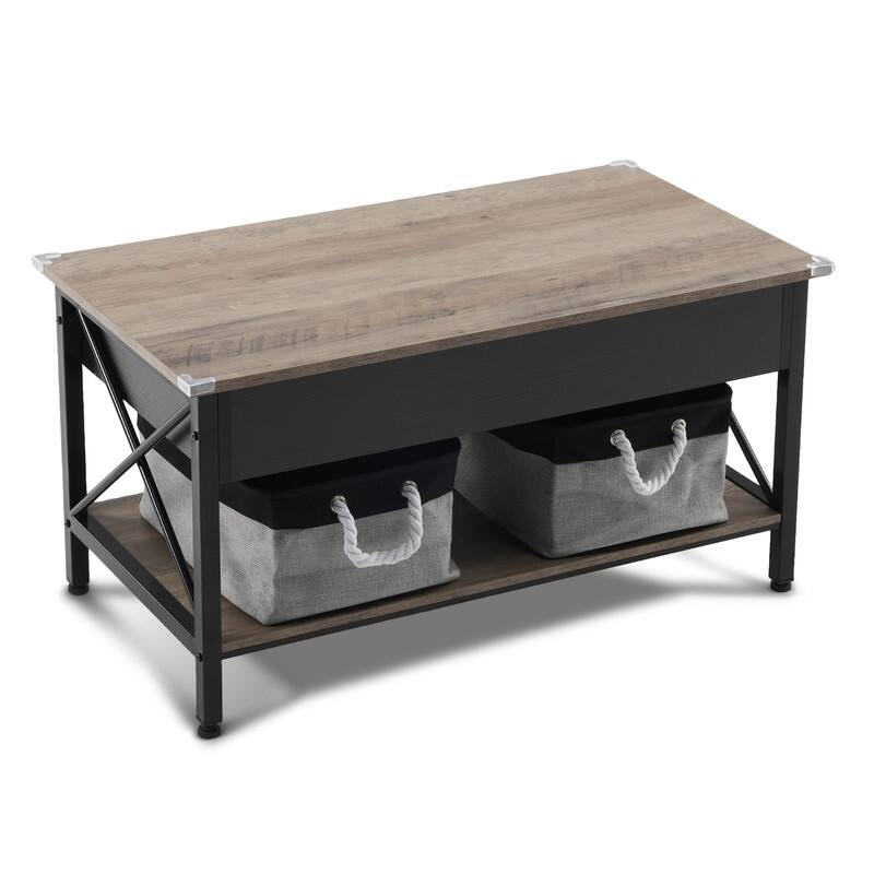 VINGLI Adjustable with Crossbar, Black Side X-shaped Metal Frame, Rectangular, Gray Washboard Coffee Table