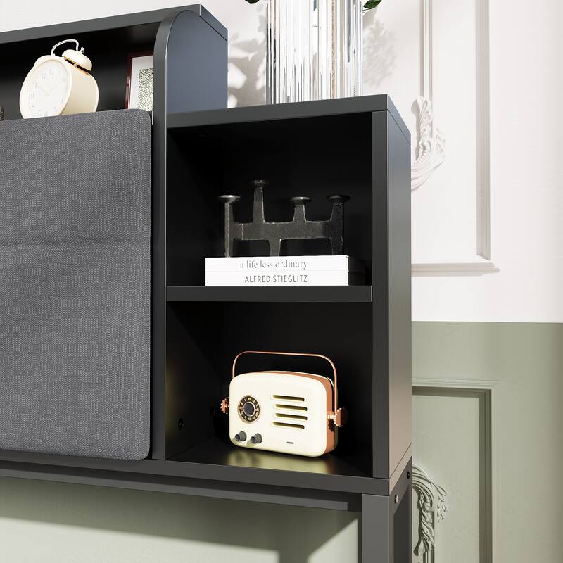 French Queen Size Bed Frame Platform with Brown/Black Storage Headboard & 4 Storage Drawers