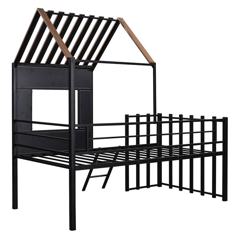 House-Shaped Metal Loft Bed with Roof, Window, Guardrail, and Ladder