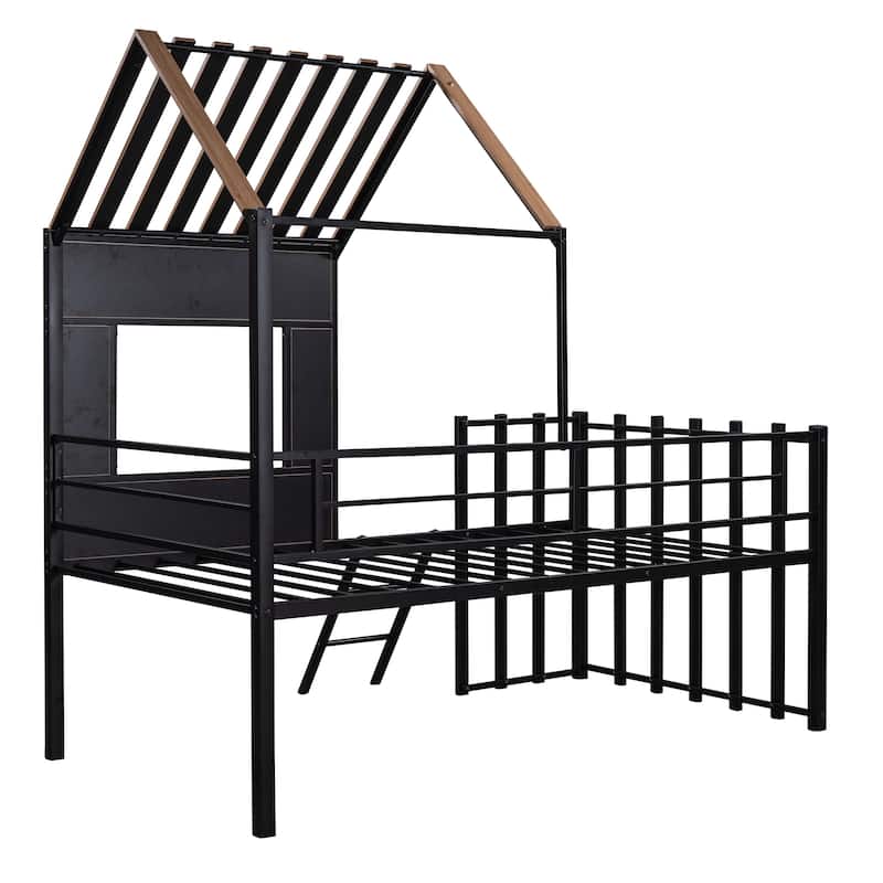 House-Shaped Twin Bunk Bed with Roof and Ladder, Metal Frame