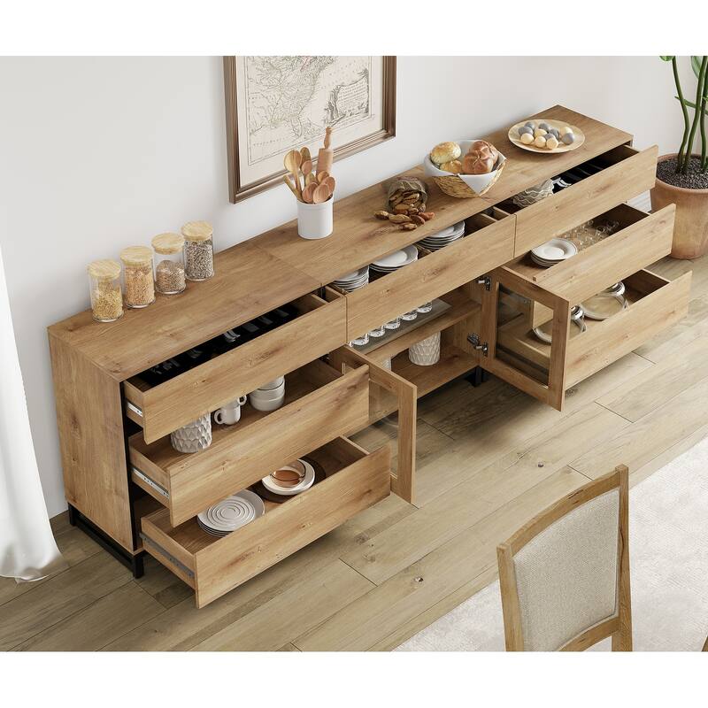 WAMPAT 3 in 1 Sideboard Buffet Cabinets with Glass Doors and 7 Drawers, Coffee Bar Cabinet Storage Cabinet for Kitchen