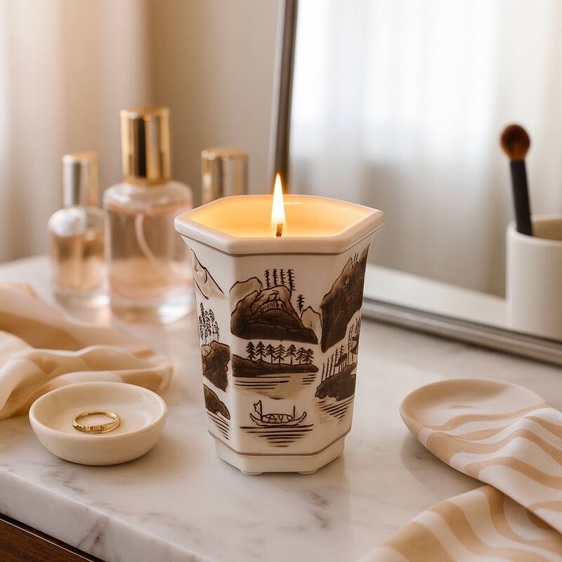 Modern Chinoiserie Ceramic Candle - Sage and Eucalyptus Scented - Brown - 4.75"