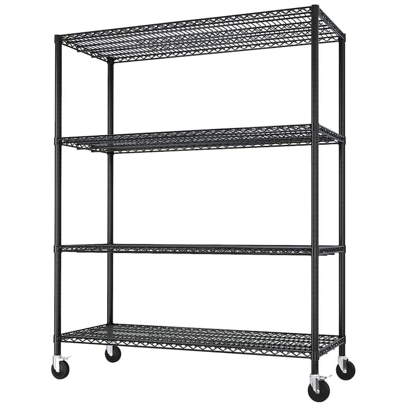 Black Adjustable 4-Layer Metal Storage Rack with Lockable Casters for Home and Commercial Use