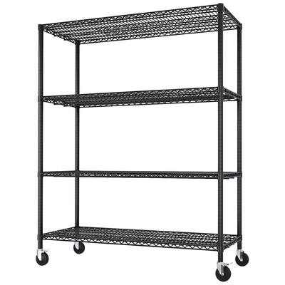 Black Adjustable 4-Layer Metal Storage Rack with Lockable Casters for Home and Commercial Use
