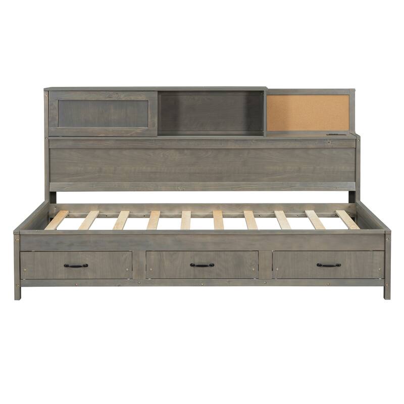 Full/Twin Size Built-in Storage Bed Versatile Wooden Daybed with 3 Drawers, Pushable Top Shelf, USB Ports and Power Outlets
