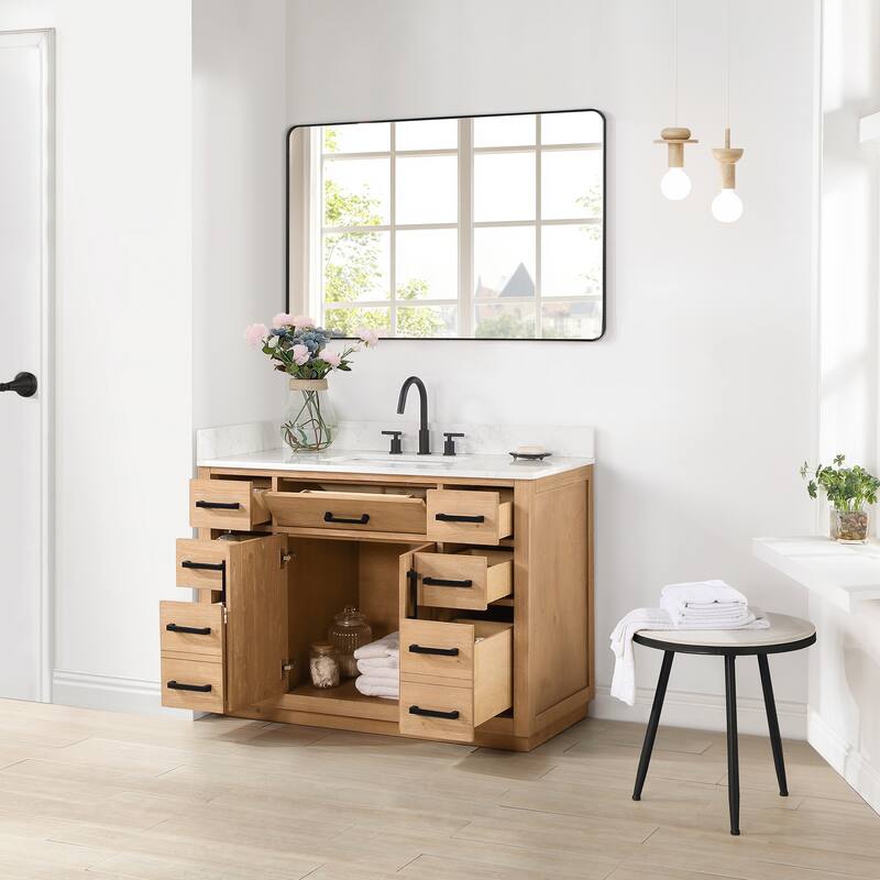 Altair Gavino Bath Vanity with Grain White Composite Stone Top and Mirror