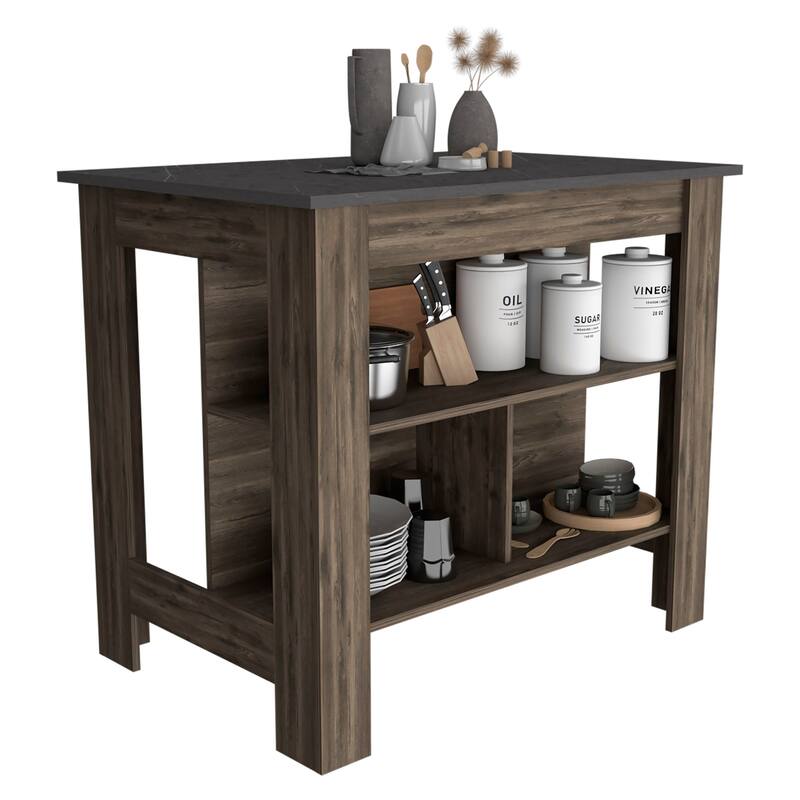 Kitchen Table Island, 35" High, 3 Open Storage Shelves, Black/Light Oak with Spacious Prep Area