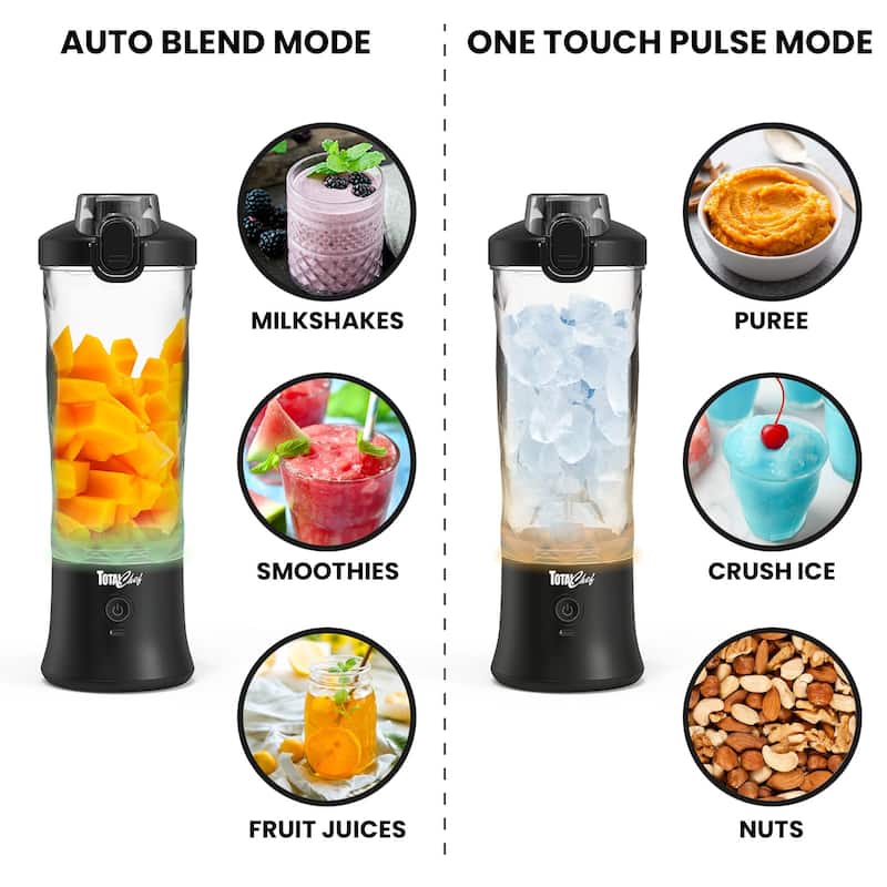 Total Chef Cordless Portable Blender, 20 oz (600 mL) Personal Blender, USB Rechargeable, Black