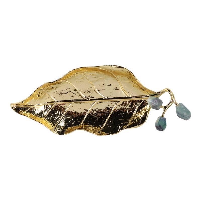Metal Leaf Sculpture with Gemstone Detail Modern Accent - 14" Gold - 13.5" x 5.25" x 1.5"