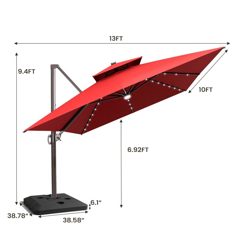 Pellebant 10x13 FT Outdoor Patio Double Top Cantilever Umbrella Solar LED Lighted with 4 Piece Square Offset Umbrella Base