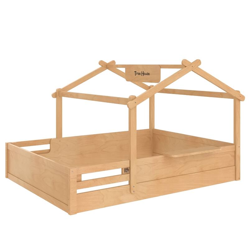 Kids House Floor Bed with Guardrails, Roof & Built-in Tray - Queen/Full/Twin Size, Childlike Design