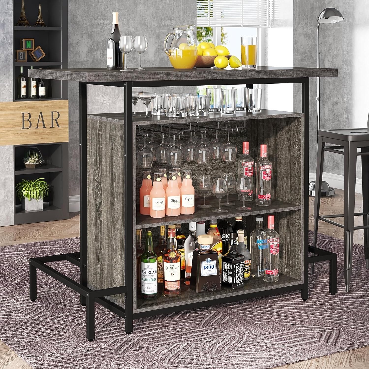 Buy L-Shaped Home Bar Unit, 3 Tier Liquor Bar Table With Storage Shelves And 6 Wine Glasses Holder Industrial Corner Wine Bar Cabinet Mini Bars For Home