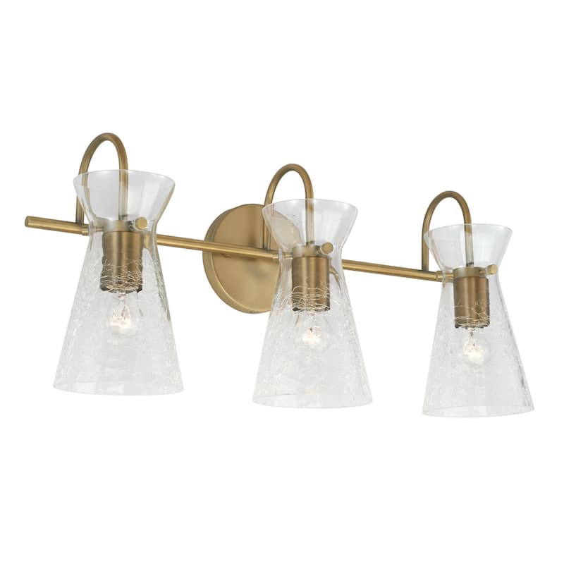 3-light 24-inch Bath/ Vanity Fixture w/ Clear Half-Crackle Tapered Glass - Aged Brass
