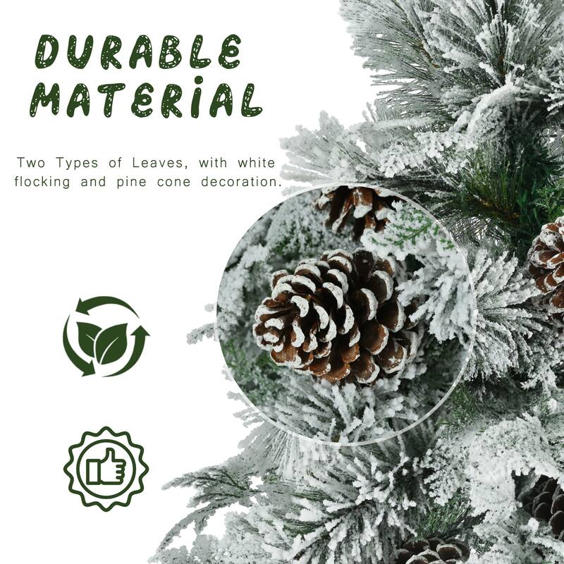 Pre-Lit Snow Flocked Spruce Tree - Mixed PE & PVC Branches, Multi-Color LED Lights, Pine Cones - White+Green