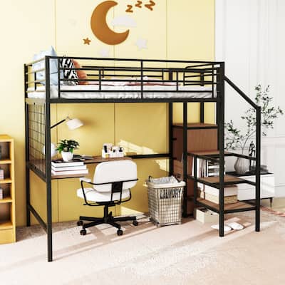 Full Size Metal Loft Bed with Desk, Storage Ladder, and Wardrobe
