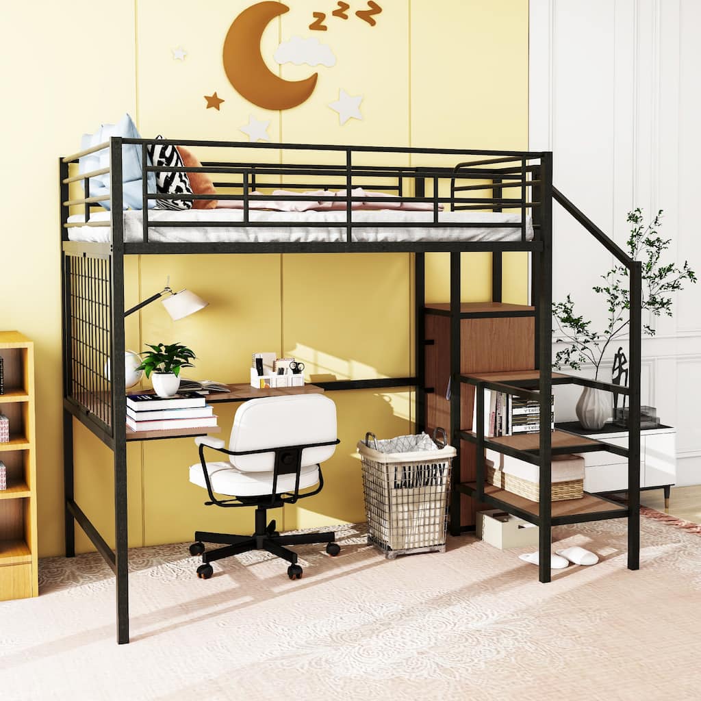 Full Size Metal Loft Bed with Desk, Storage Ladder, and Wardrobe