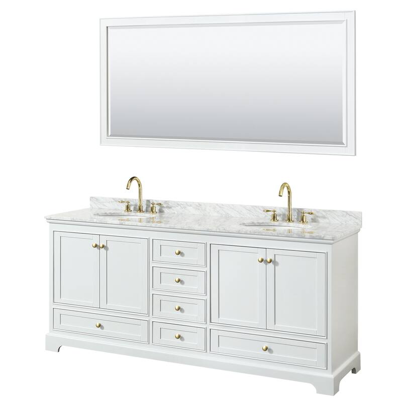 Deborah 80-inch Double Vanity, Oval Sinks, 70-inch Mirror - White, Gold Trim, White Carrara Marble Top
