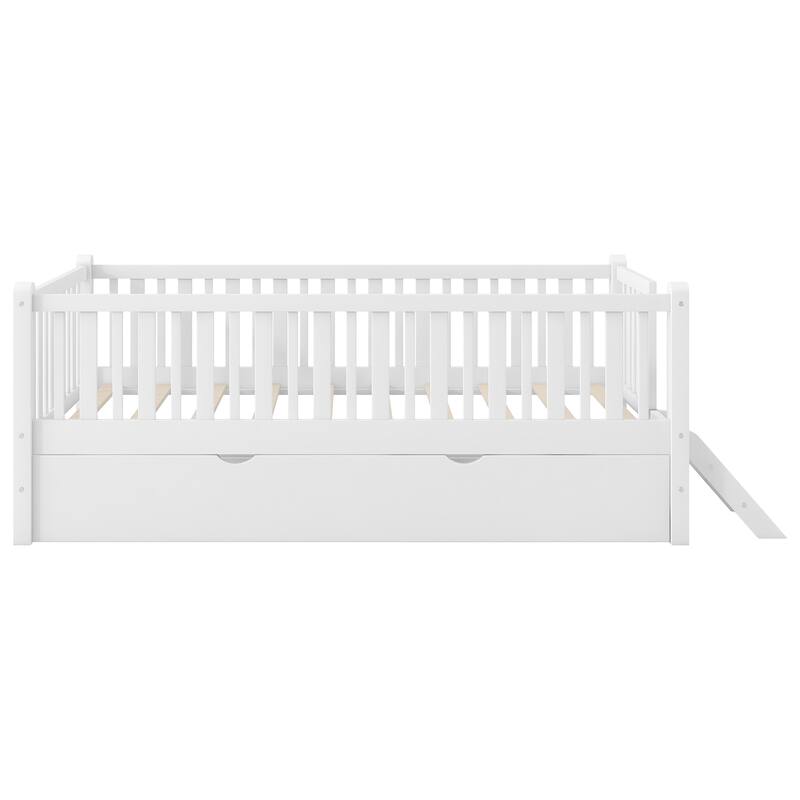 GDFStudio - Wood Twin Platform Bed with Guardrail, Trundle and Storage, Walnut