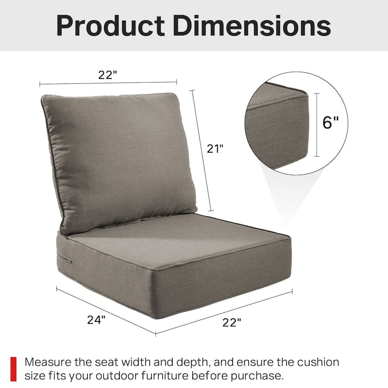 22" W x 24" D x 6" T Water & Fade Resistant Outdoor Lounge Chair Replacement Cushion Set