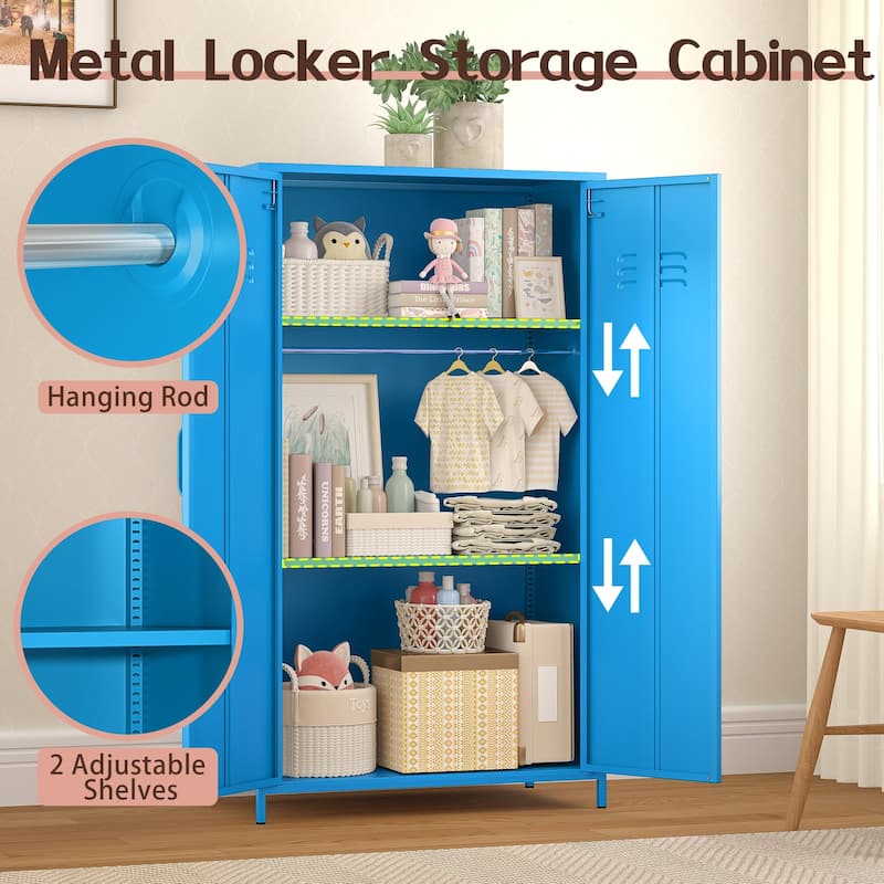 Double Doors Metal Locker Cabinet Storage with Hanging Rod and Shelves for Bedroom School Classroom