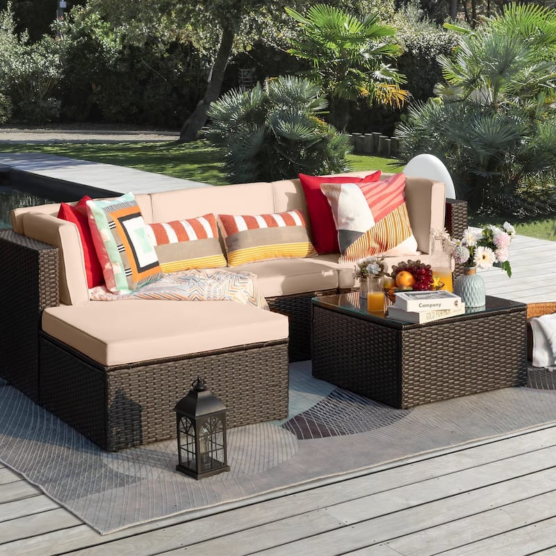 Homall 5 Pieces Wicker Patio Furniture Sets Rattan Outdoor Sectional Sofa - Beige