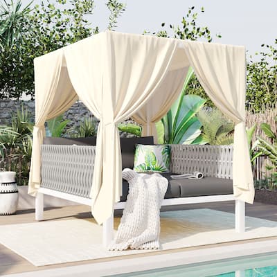 Gray+Beige Versatile Outdoor Lounger Sunbed with Canopy & Water-resistant Cushions