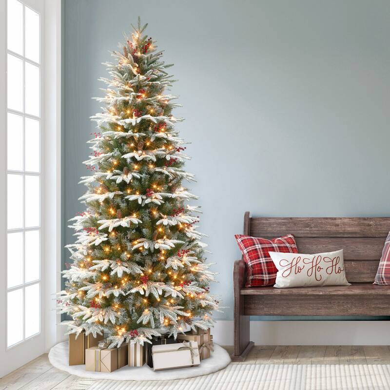 7.5' Slim Flocked Halifax Fir Artificial Christmas Tree, Clear Lights - 7.5 Foot
